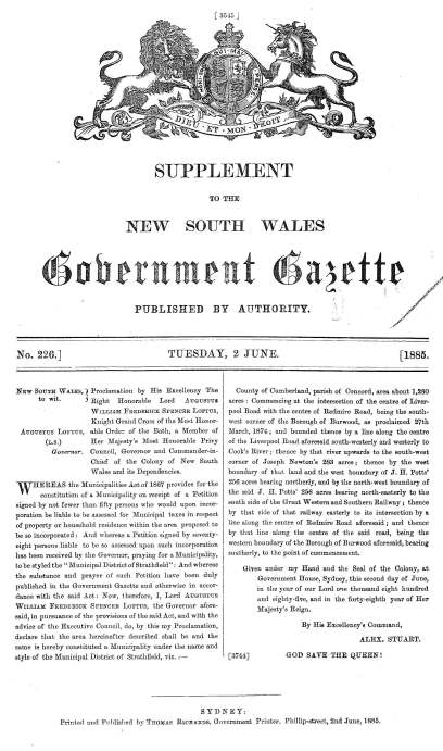 Proclamation of Strathfield Council 1885 - NSW Gazette