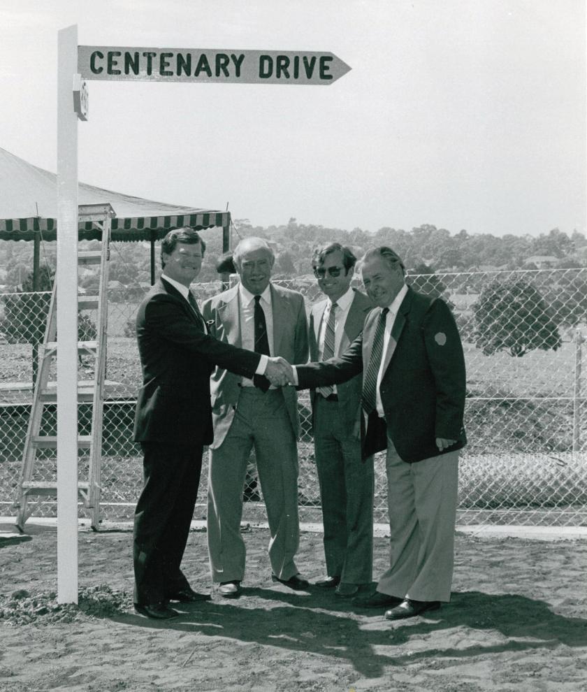 Opening of Centenary Drive in late 1984 with Strathfield Council Mayor Rod Rimes, Council Engineer's Alan Wilson and Warwick Grey, Strathfield Council Keith Manwaring.
