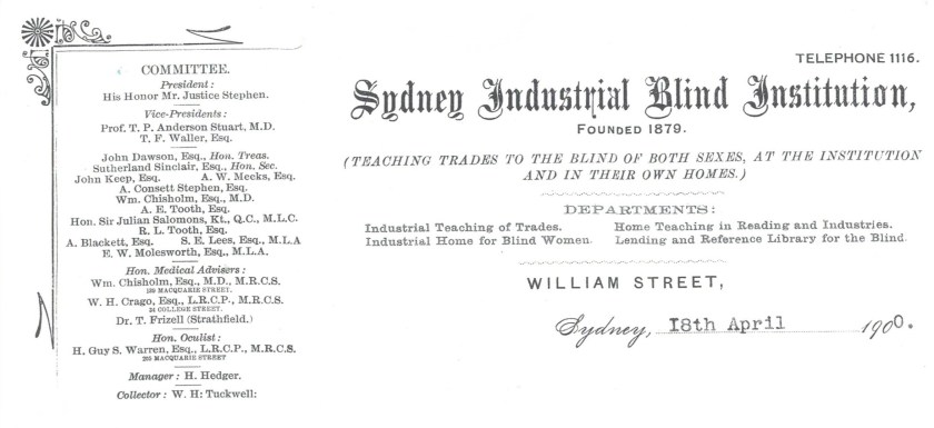 Letterhead dated 1900 of the Sydney Industrial Blind Institution.