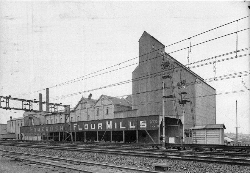 Homebush Flour Mills showing main railway line and siding September 1937 by Sam Hood. State Library NSW https://collection.sl.nsw.gov.au/record/1wNOVZmn/MkaEJv506L3WN