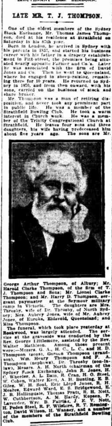 Obituary Thomas J Thompson. SMH 27 March 1917