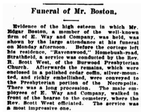 Funeral Edgar Boston 7 February 1906 Town & Country Journal p16